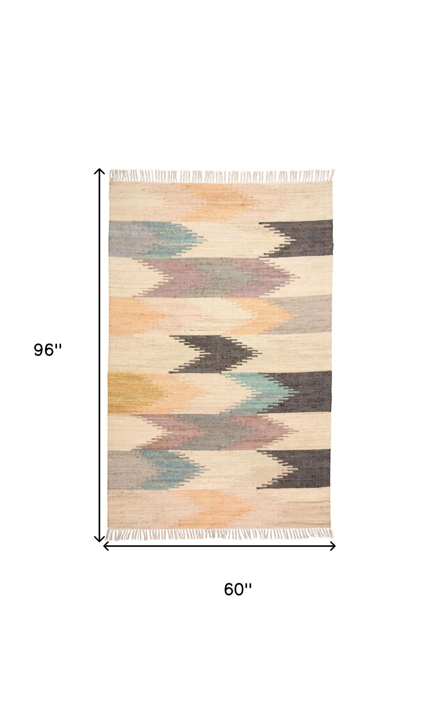 5' X 8' Tan Blue And Orange Geometric Dhurrie Flatweave Handmade Area Rug With Fringe