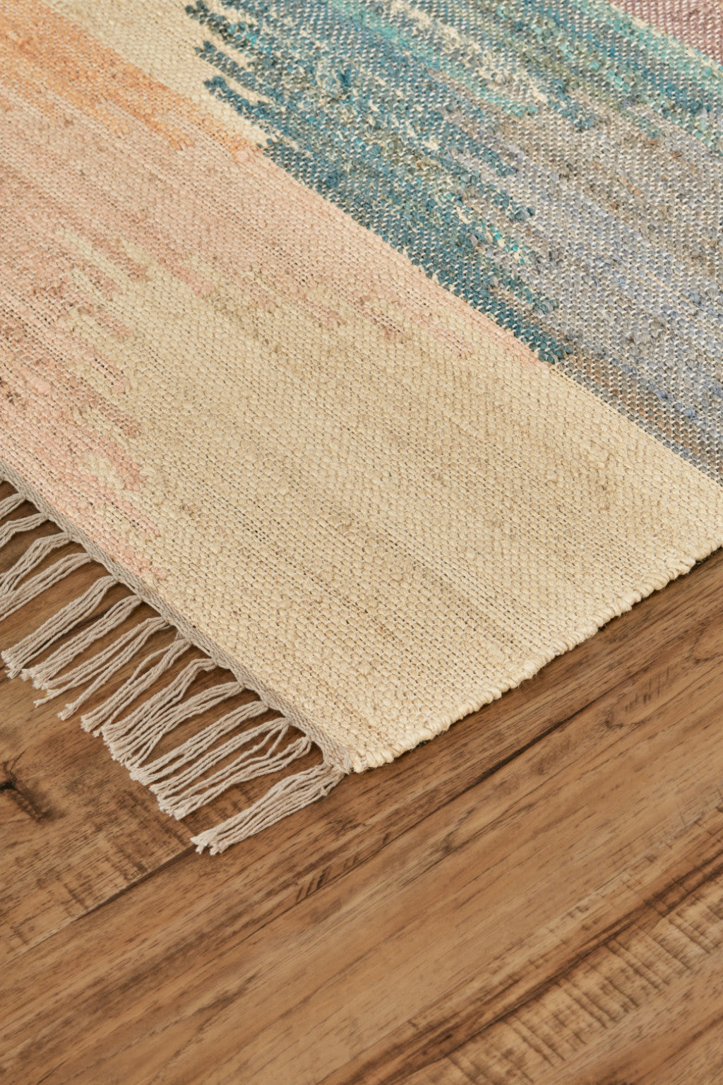 5' X 8' Tan Blue And Orange Geometric Dhurrie Flatweave Handmade Area Rug With Fringe