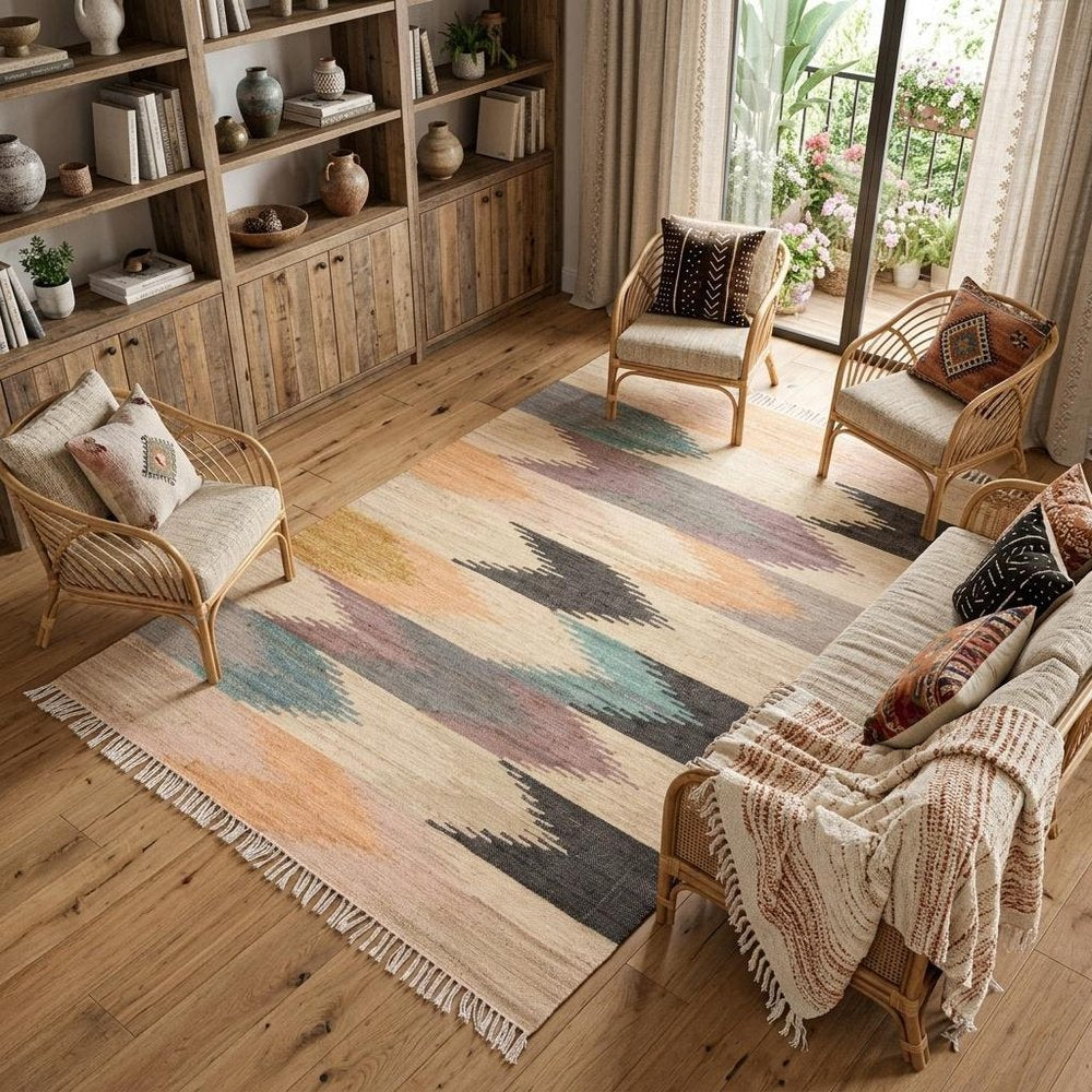 10' X 14' Tan Blue And Orange Geometric Dhurrie Flatweave Handmade Area Rug With Fringe