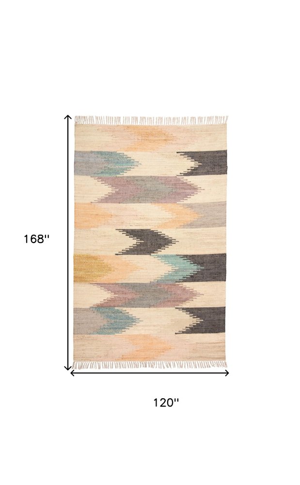 10' X 14' Tan Blue And Orange Geometric Dhurrie Flatweave Handmade Area Rug With Fringe