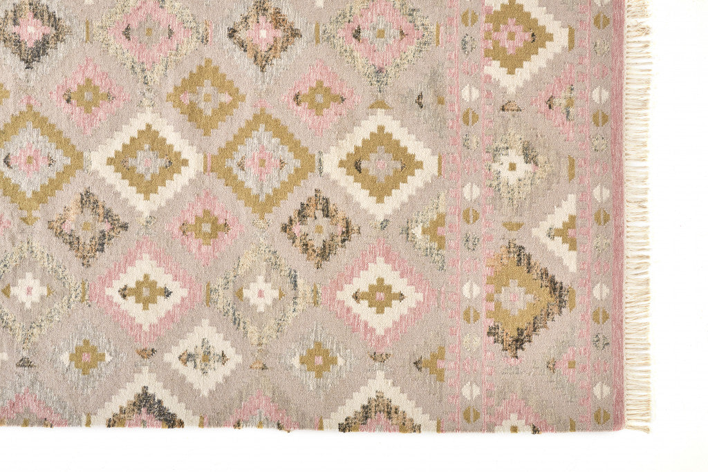 9' X 12' Pink Gold And Taupe Wool Geometric Dhurrie Flatweave Handmade Area Rug With Fringe