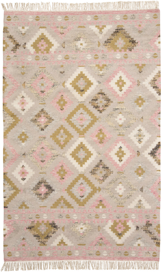 9' X 12' Pink Gold And Taupe Wool Geometric Dhurrie Flatweave Handmade Area Rug With Fringe
