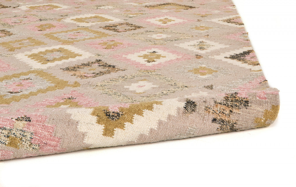 9' X 12' Pink Gold And Taupe Wool Geometric Dhurrie Flatweave Handmade Area Rug With Fringe