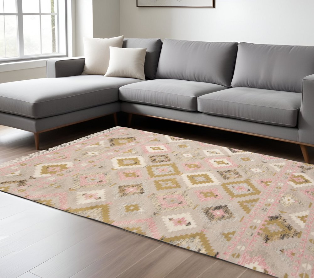 10' X 14' Pink Gold And Taupe Wool Geometric Dhurrie Flatweave Handmade Area Rug With Fringe