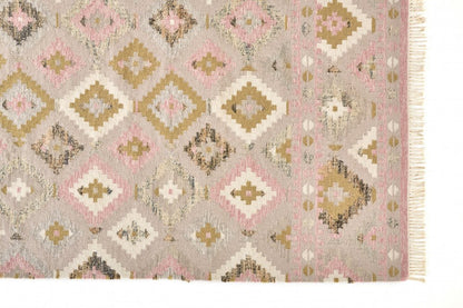 10' X 14' Pink Gold And Taupe Wool Geometric Dhurrie Flatweave Handmade Area Rug With Fringe