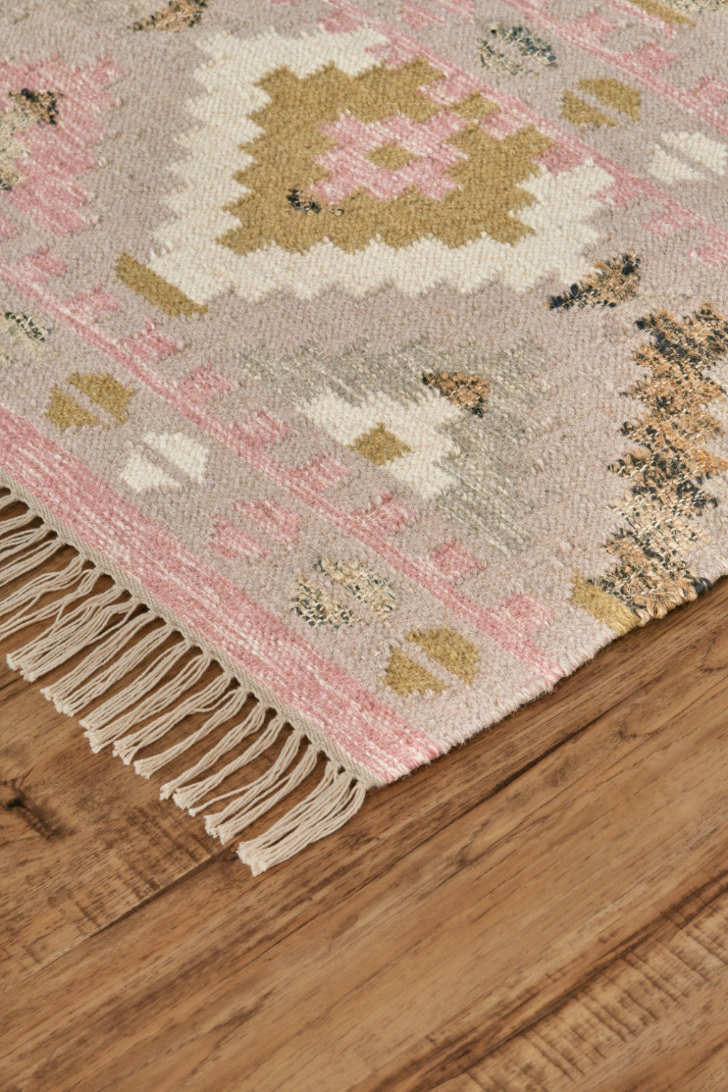 9' X 12' Pink Gold And Taupe Wool Geometric Dhurrie Flatweave Handmade Area Rug With Fringe