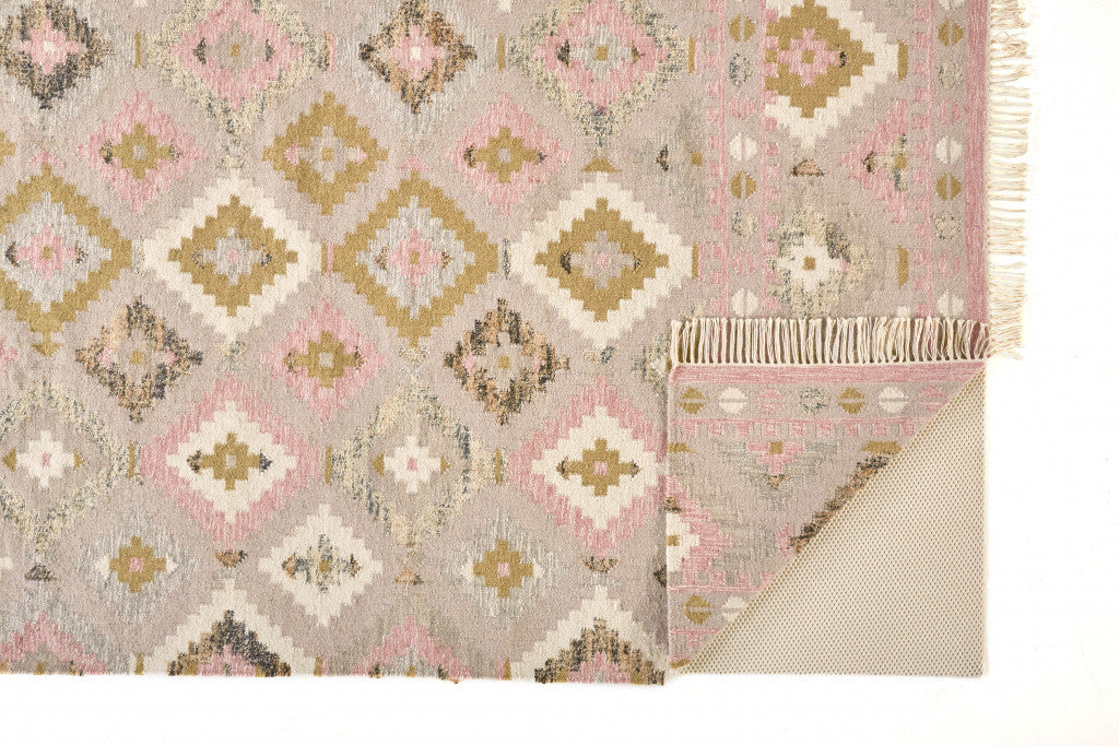 9' X 12' Pink Gold And Taupe Wool Geometric Dhurrie Flatweave Handmade Area Rug With Fringe