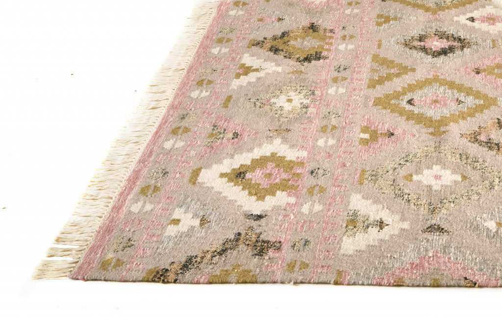 9' X 12' Pink Gold And Taupe Wool Geometric Dhurrie Flatweave Handmade Area Rug With Fringe