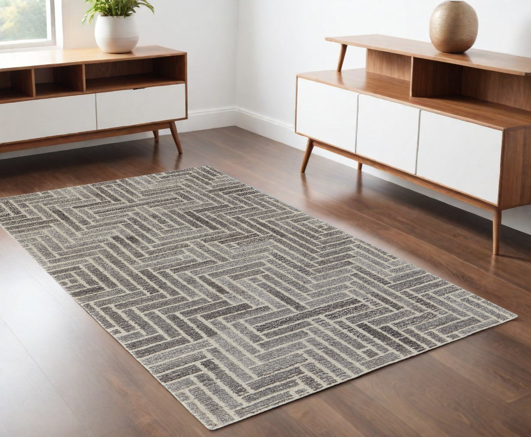 5' X 8' Tan and Gray Wool Geometric Hand Tufted Area Rug