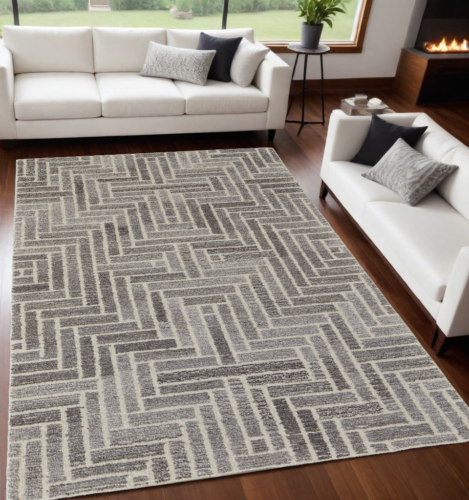 5' X 8' Tan and Gray Wool Geometric Hand Tufted Area Rug