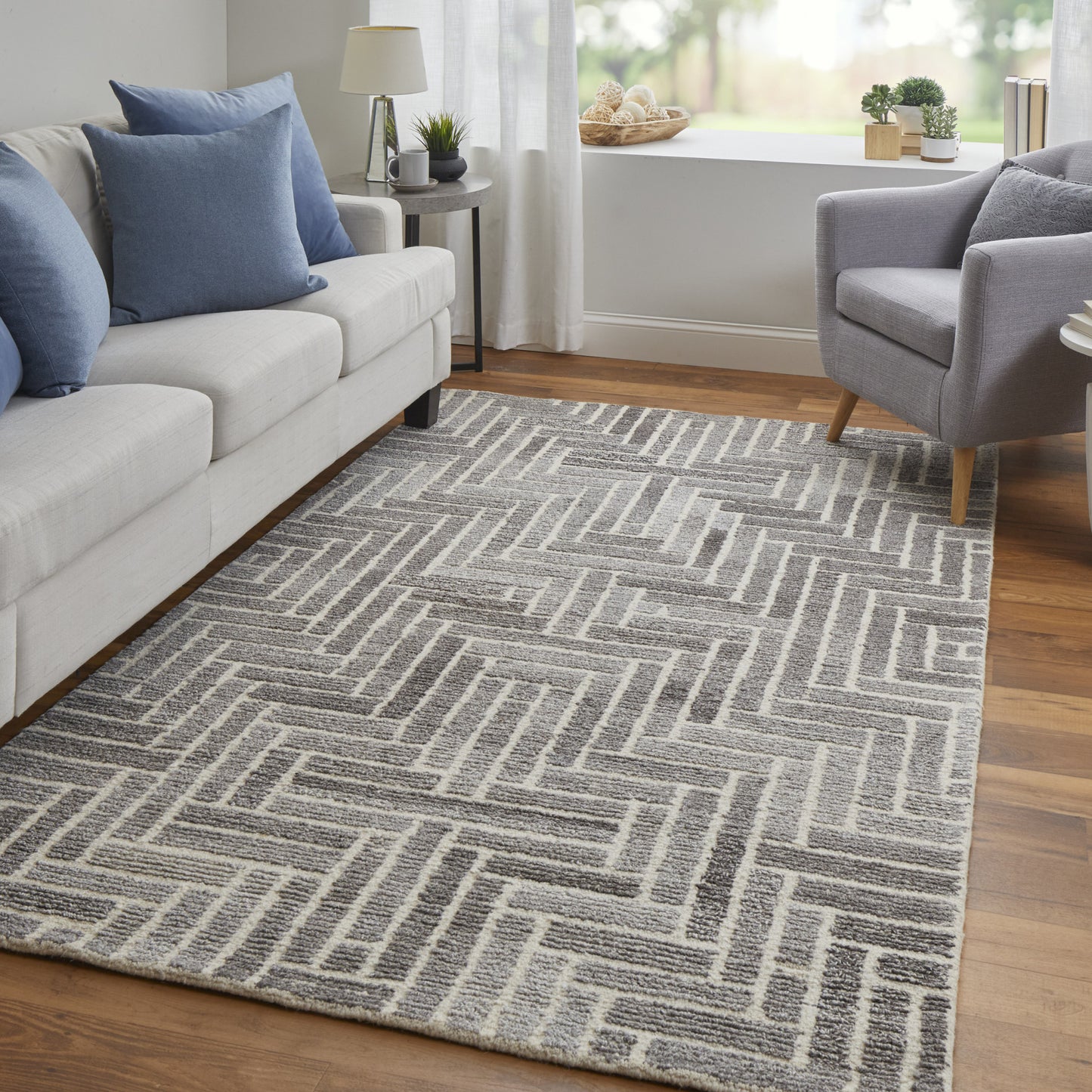 5' X 8' Tan and Gray Wool Geometric Hand Tufted Area Rug