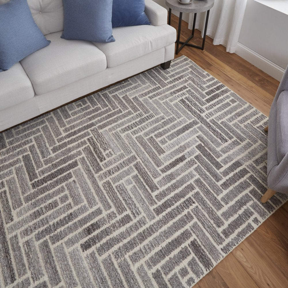 10' X 14' Tan and Gray Wool Geometric Hand Tufted Area Rug