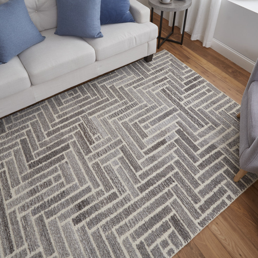 5' X 8' Tan and Gray Wool Geometric Hand Tufted Area Rug