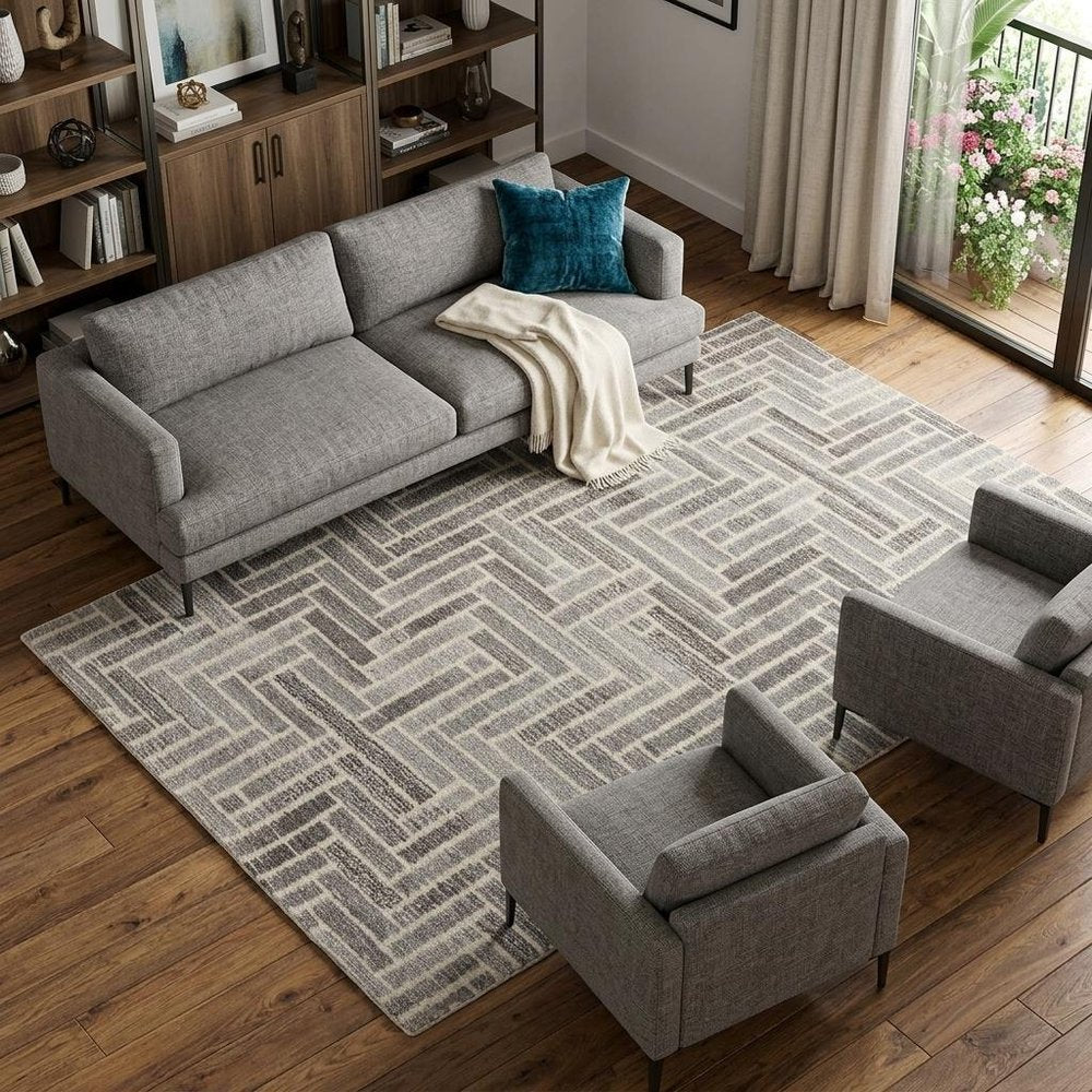 9' X 12' Tan and Gray Wool Geometric Hand Tufted Area Rug