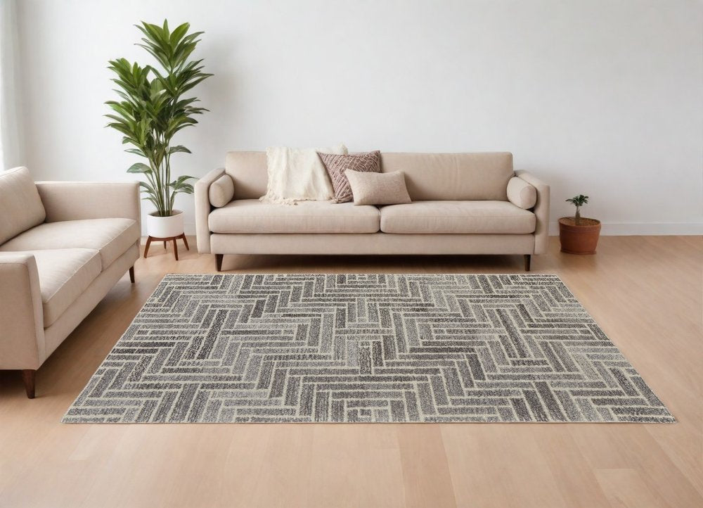 9' X 12' Tan and Gray Wool Geometric Hand Tufted Area Rug