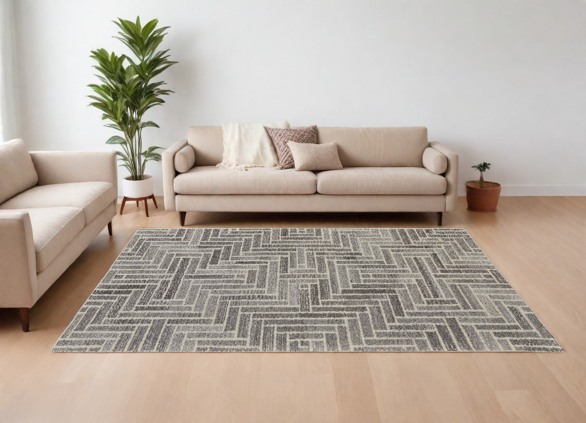 5' X 8' Tan and Gray Wool Geometric Hand Tufted Area Rug