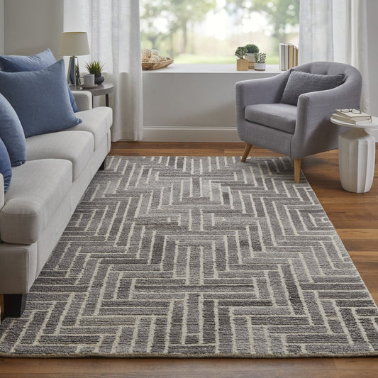 8' Tan And Gray Wool Geometric Hand Tufted Runner Rug
