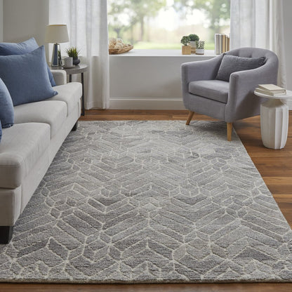 8' Gray and Ivory Round Wool Geometric Hand Tufted Area Rug