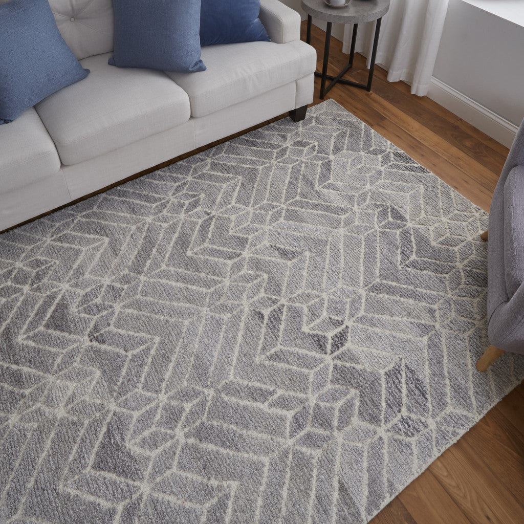 9' X 12' Gray and Ivory Wool Geometric Hand Tufted Area Rug