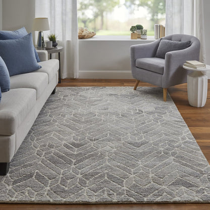 8' Gray and Ivory Round Wool Geometric Hand Tufted Area Rug