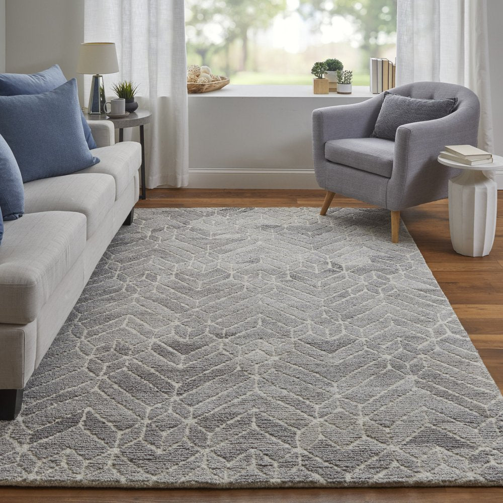 8' Gray and Ivory Round Wool Geometric Hand Tufted Area Rug