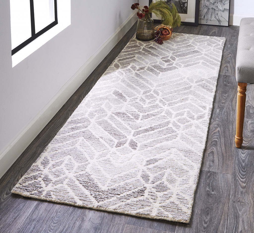 8' Runner Gray and Ivory Wool Geometric Hand Tufted Runner Rug