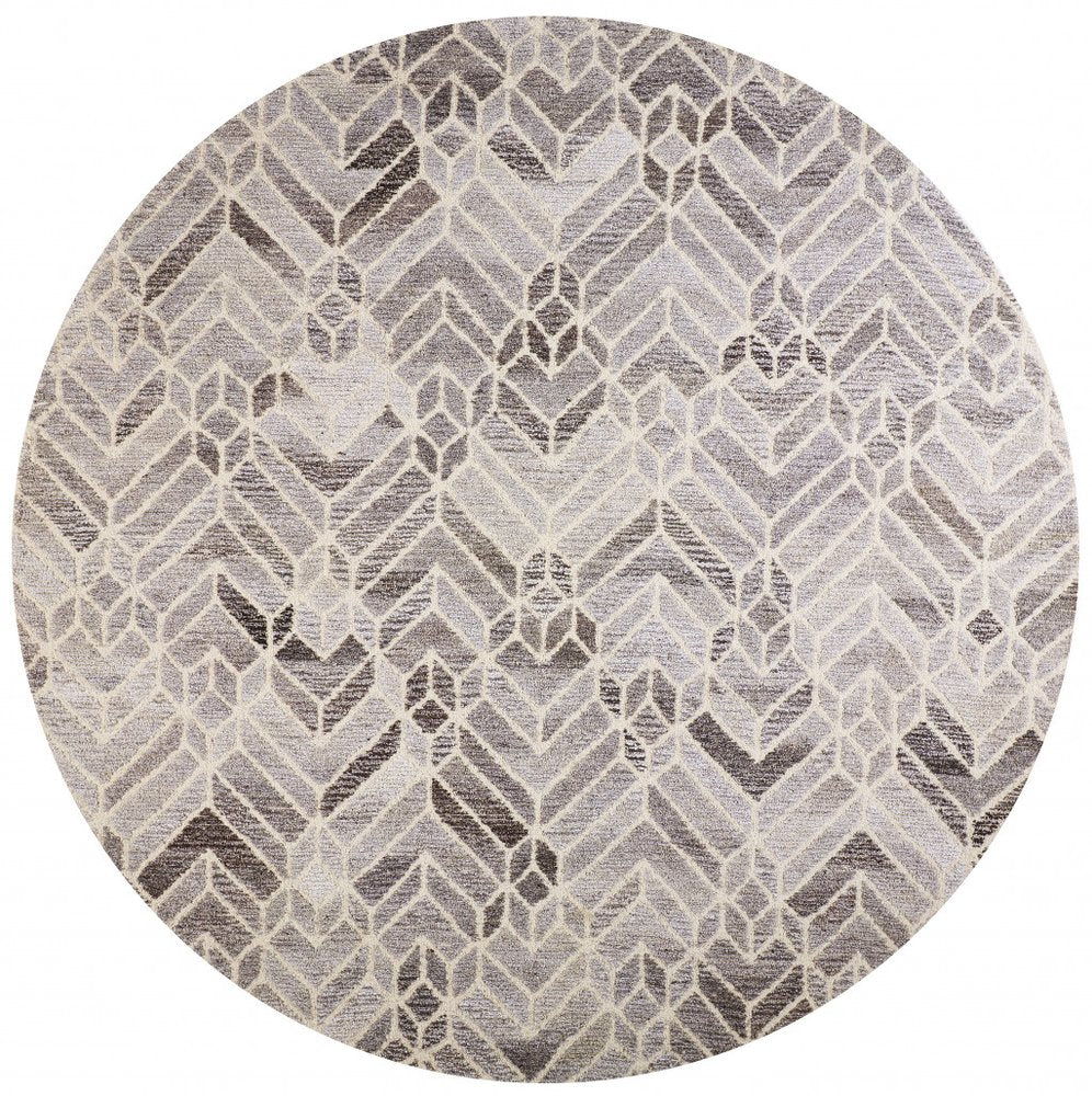 8' Gray and Ivory Round Wool Geometric Hand Tufted Area Rug