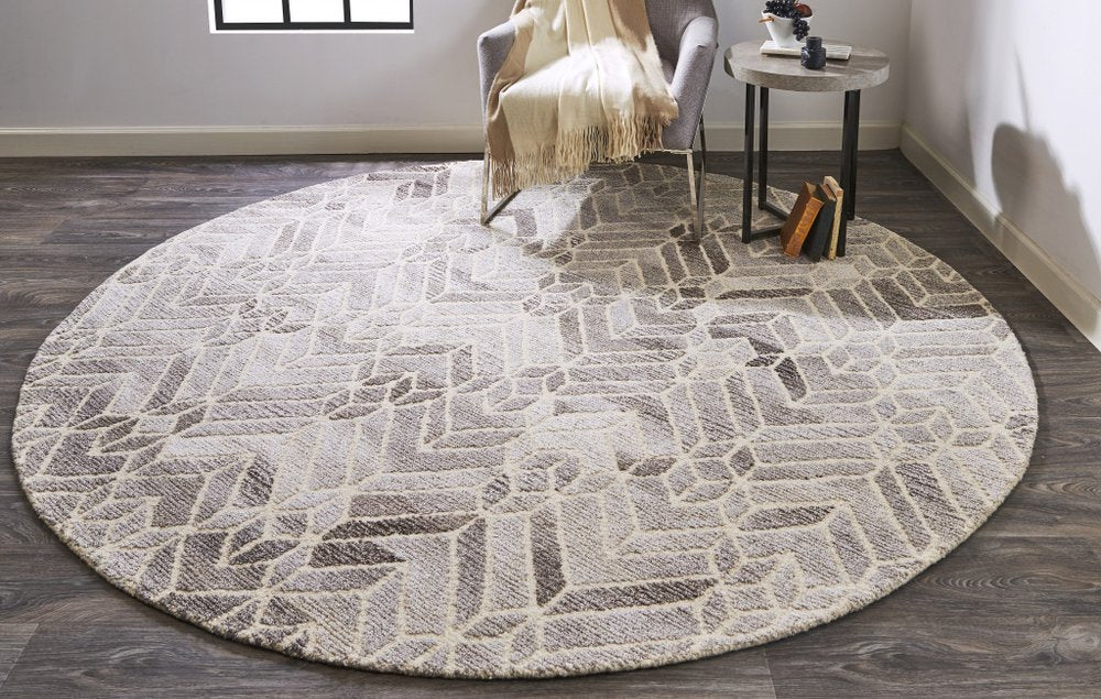 8' Gray and Ivory Round Wool Geometric Hand Tufted Area Rug