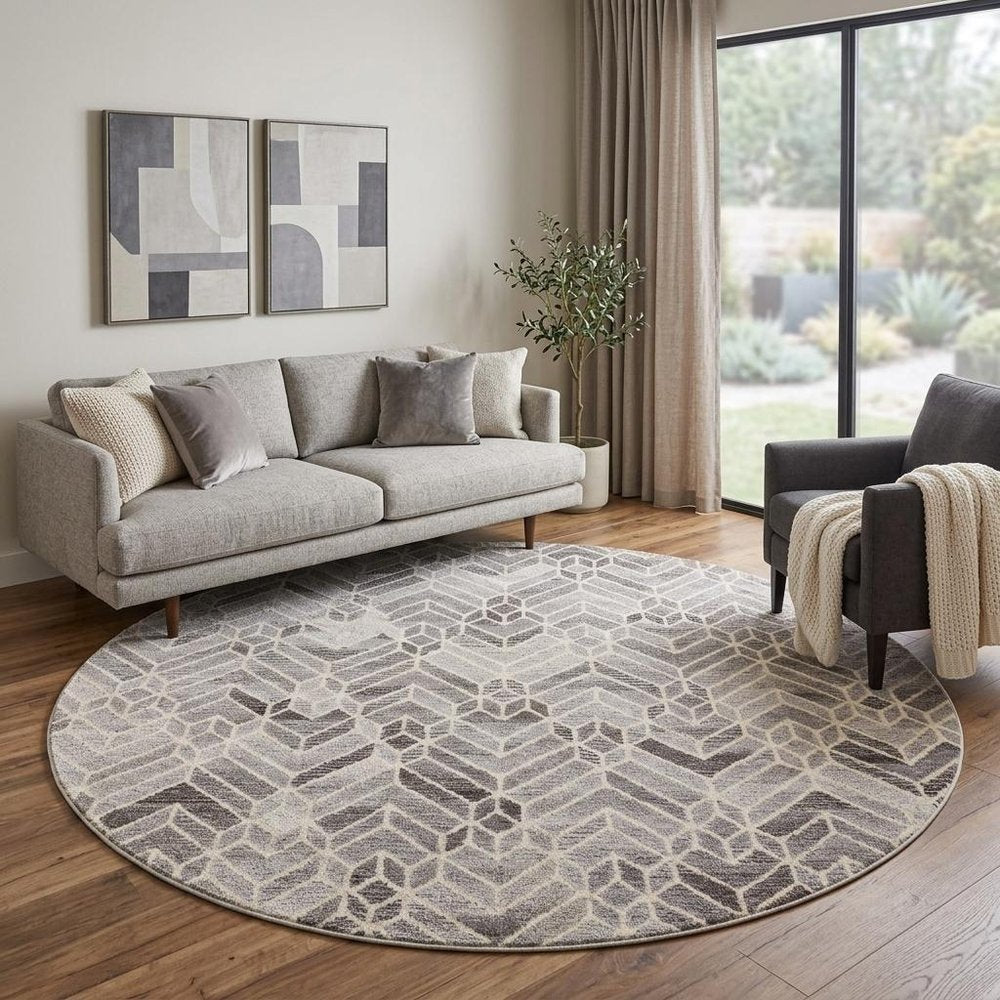 8' Gray and Ivory Round Wool Geometric Hand Tufted Area Rug