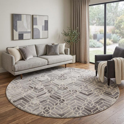 8' Gray and Ivory Round Wool Geometric Hand Tufted Area Rug