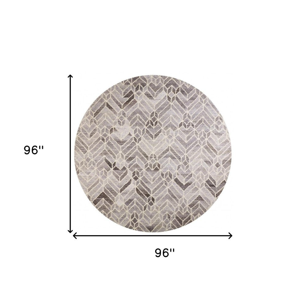 8' Gray and Ivory Round Wool Geometric Hand Tufted Area Rug