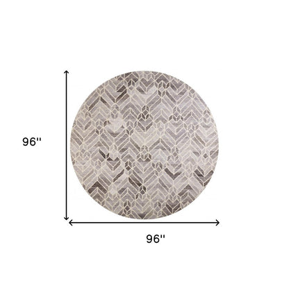 8' Gray and Ivory Round Wool Geometric Hand Tufted Area Rug