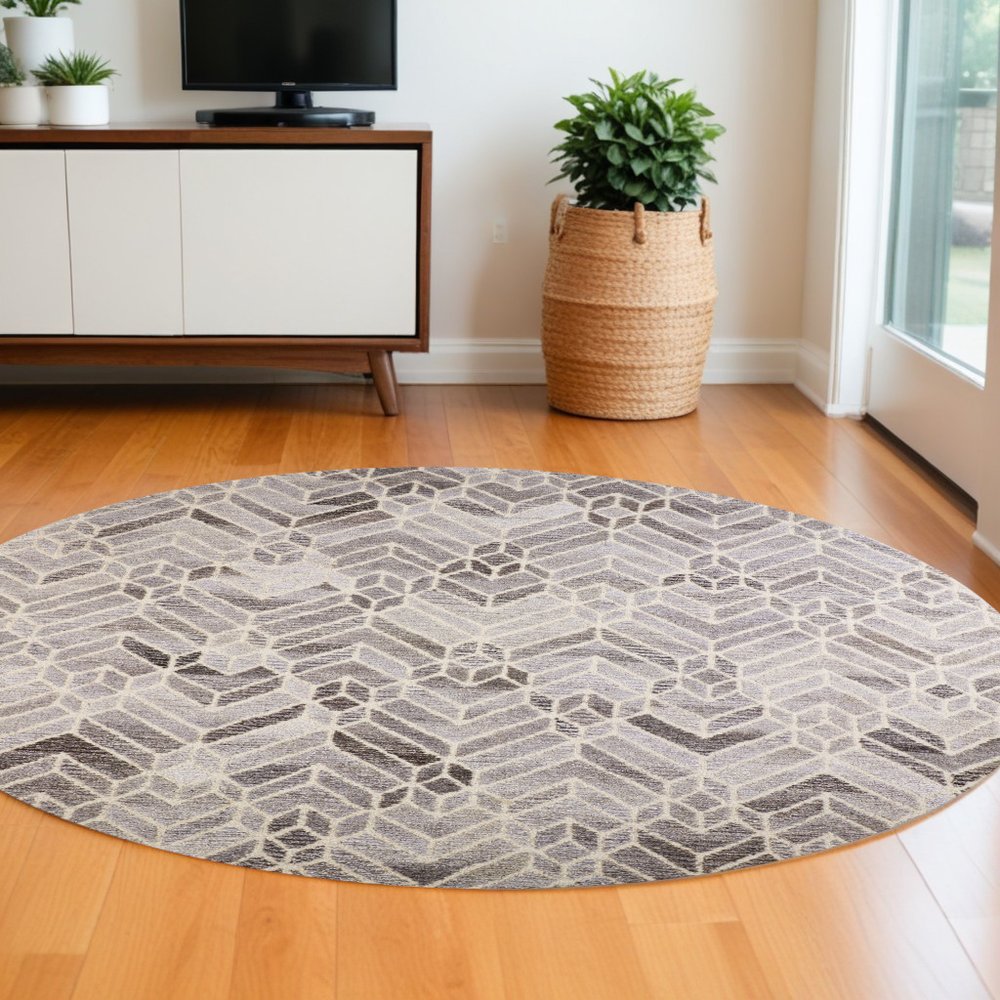 8' Gray and Ivory Round Wool Geometric Hand Tufted Area Rug