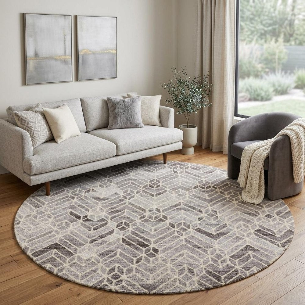 8' Gray and Ivory Round Wool Geometric Hand Tufted Area Rug