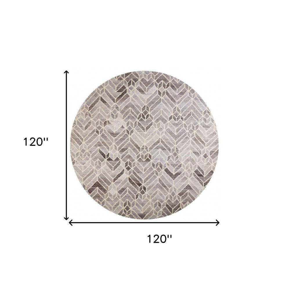 8' Gray and Ivory Round Wool Geometric Hand Tufted Area Rug
