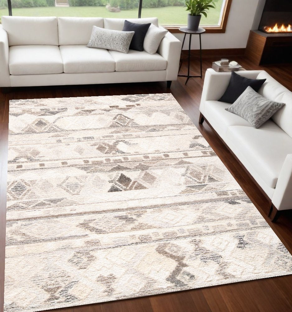 8' X 10' Beige Ivory and Gray Wool Geometric Hand Tufted Area Rug