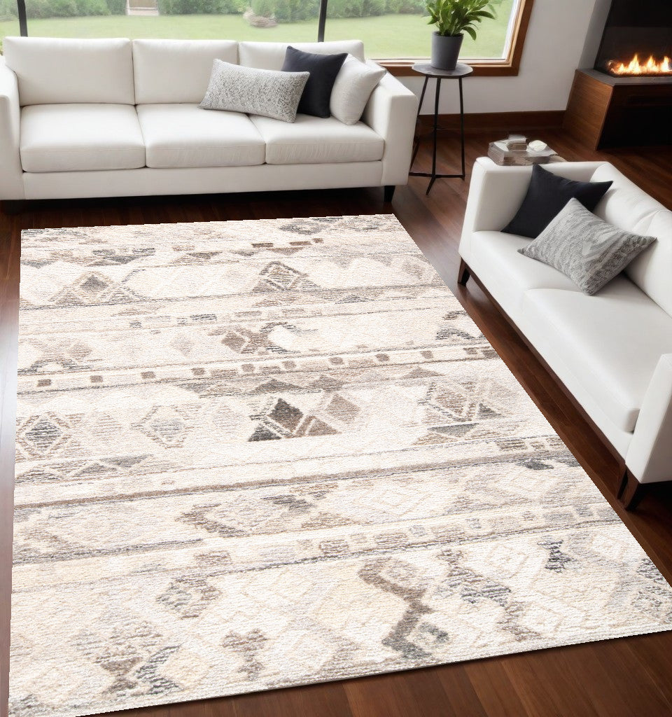 5' X 8' Beige Ivory and Gray Wool Geometric Hand Tufted Area Rug