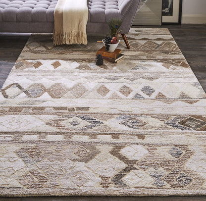8' X 10' Beige Ivory and Gray Wool Geometric Hand Tufted Area Rug