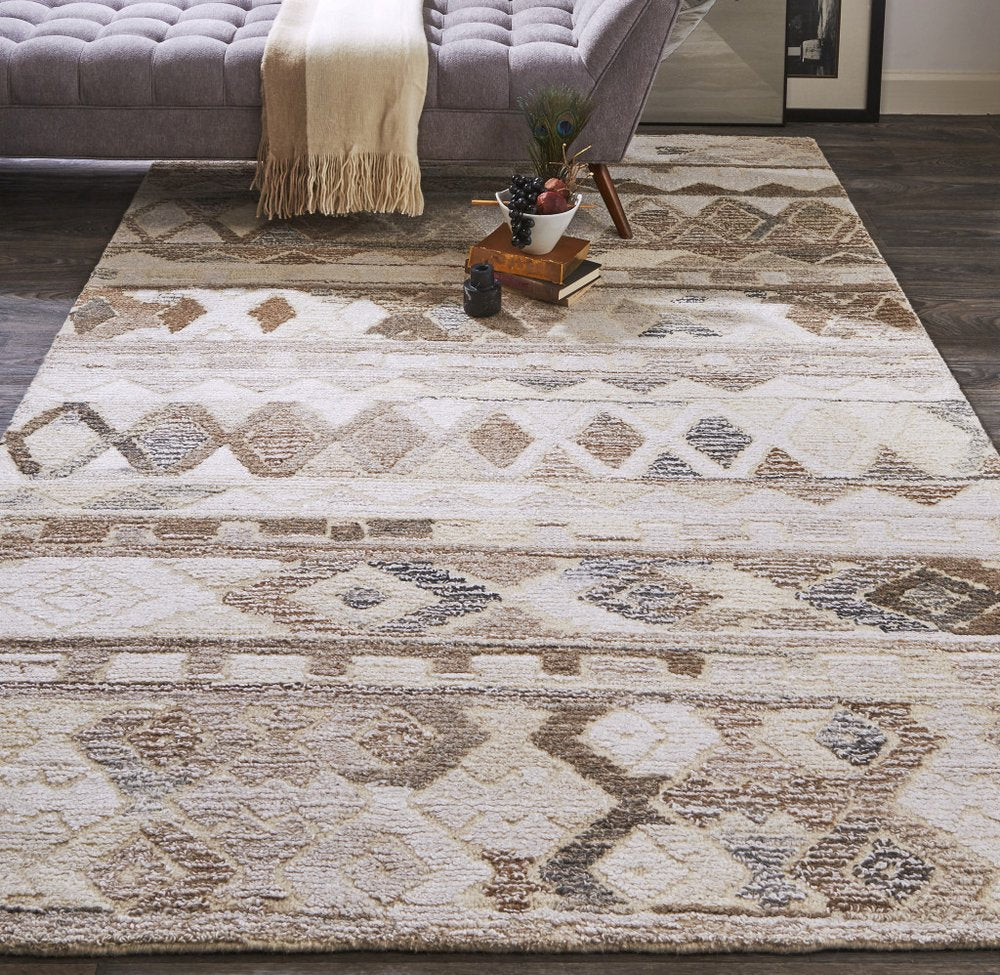 8' X 10' Beige Ivory and Gray Wool Geometric Hand Tufted Area Rug