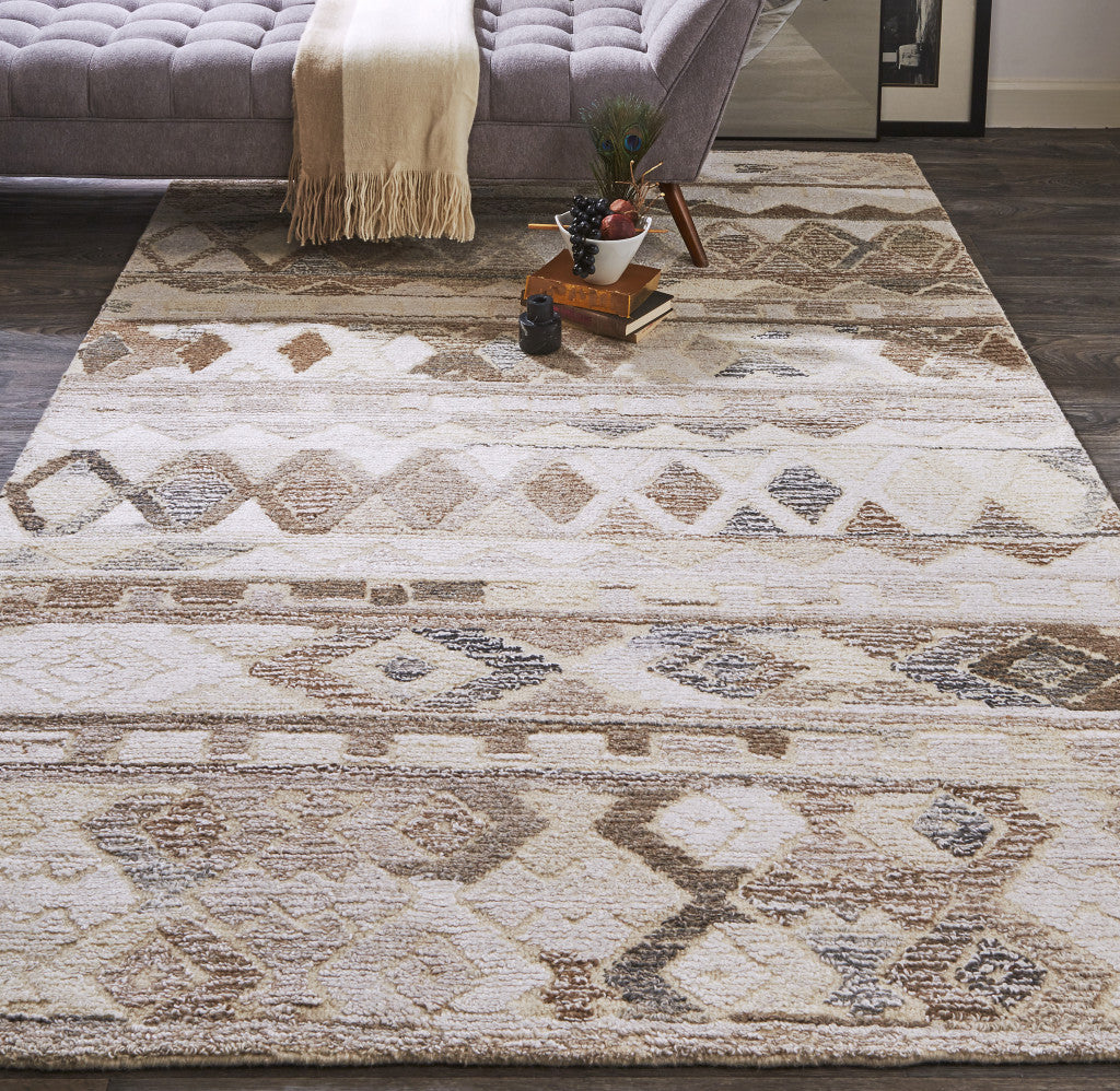 5' X 8' Beige Ivory and Gray Wool Geometric Hand Tufted Area Rug