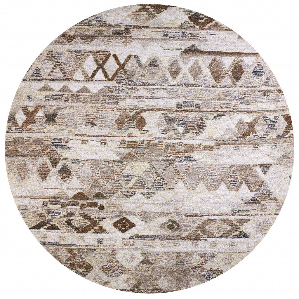 8' Gray and Ivory Round Wool Abstract Hand Tufted Area Rug