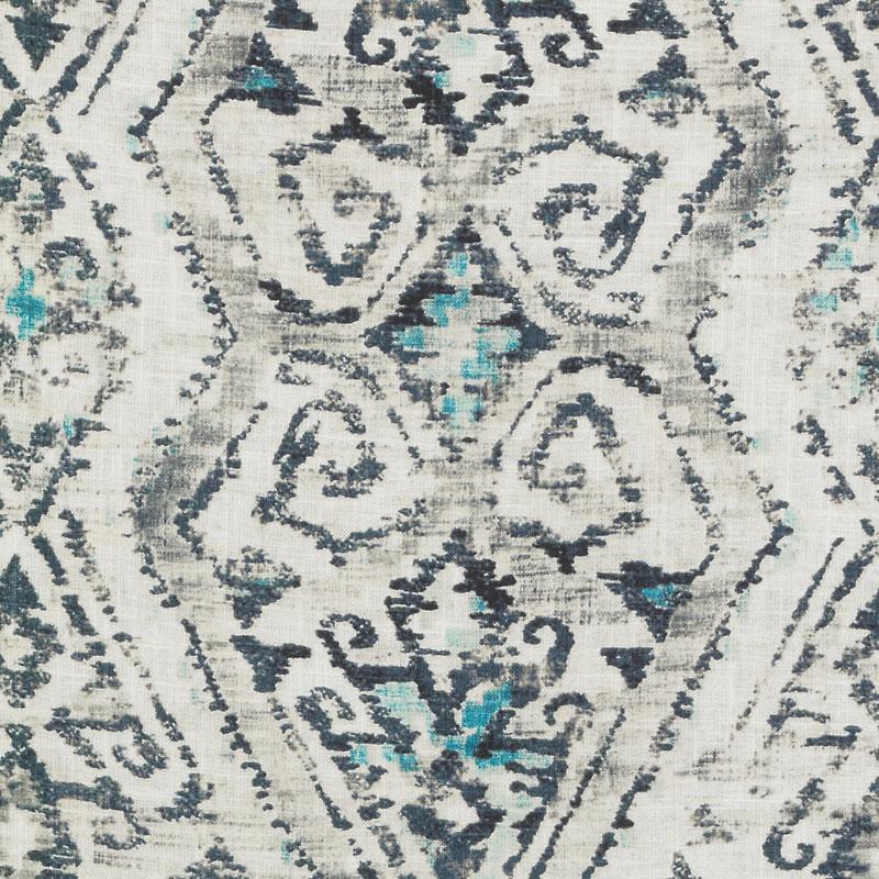 Rectangular distressed grey rug with black damask medallion pattern and teal accents.