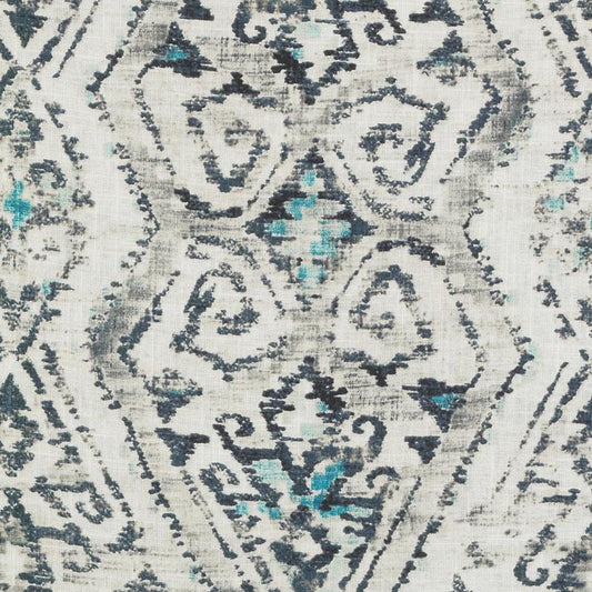 Rectangular distressed grey rug with black damask medallion pattern and teal accents.