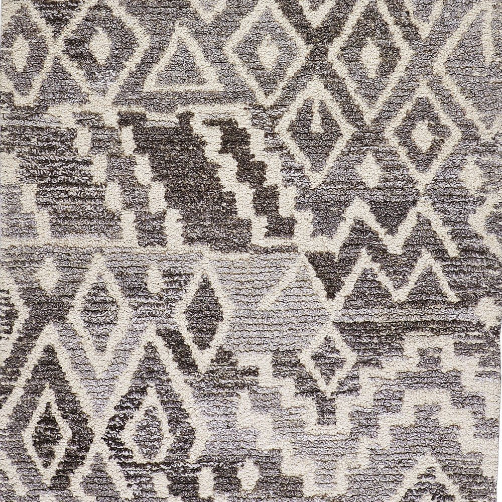 8' Gray And White Wool Abstract Hand Tufted Runner Rug