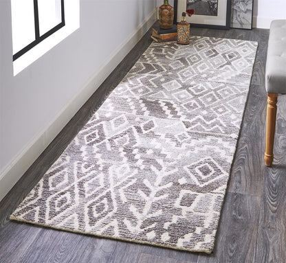 8' Gray And White Wool Abstract Hand Tufted Runner Rug
