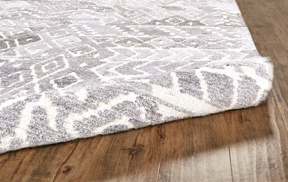 8' Gray And White Wool Abstract Hand Tufted Runner Rug