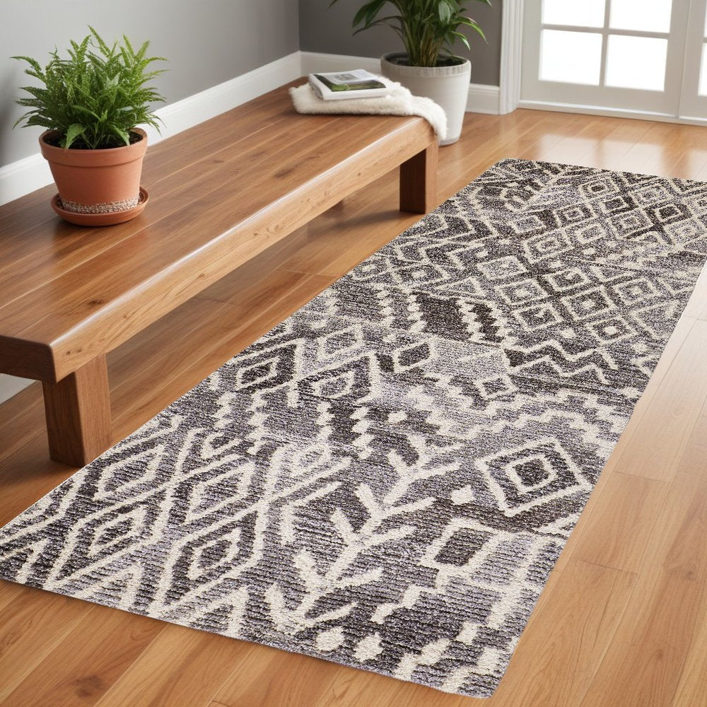 8' Gray And White Wool Abstract Hand Tufted Runner Rug