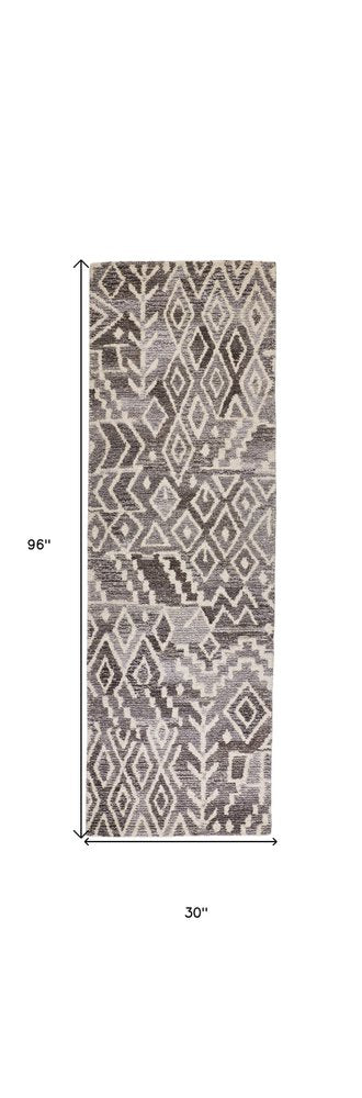 8' Gray And White Wool Abstract Hand Tufted Runner Rug