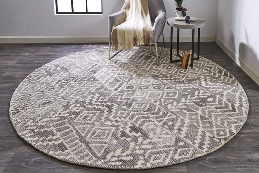 8' Gray And White Wool Abstract Hand Tufted Runner Rug