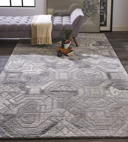 9' X 12' Gray and Ivory Wool Abstract Hand Tufted Area Rug